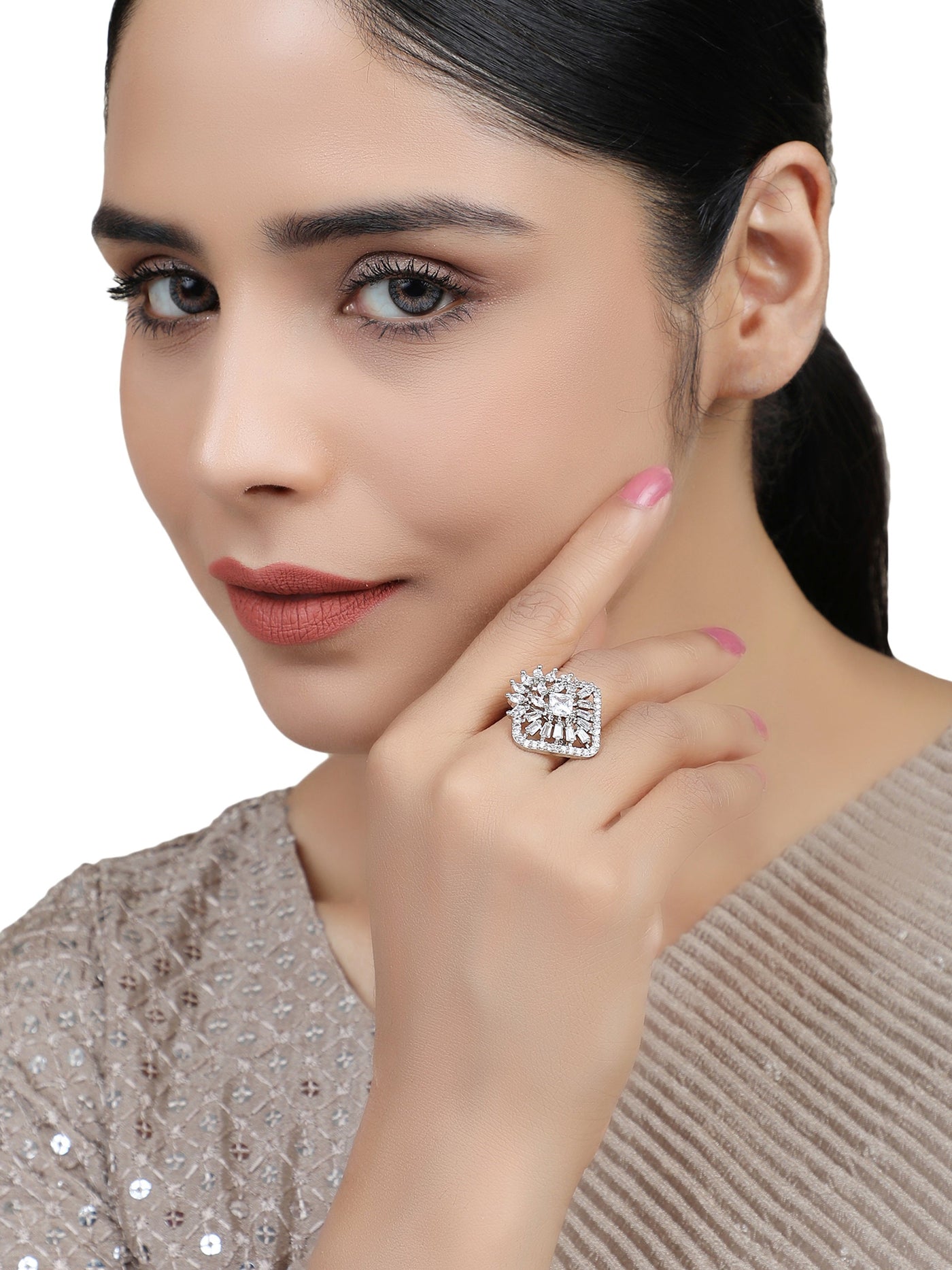 Women's Silver Plated Trendy American Diamond Square Shaped Ring
