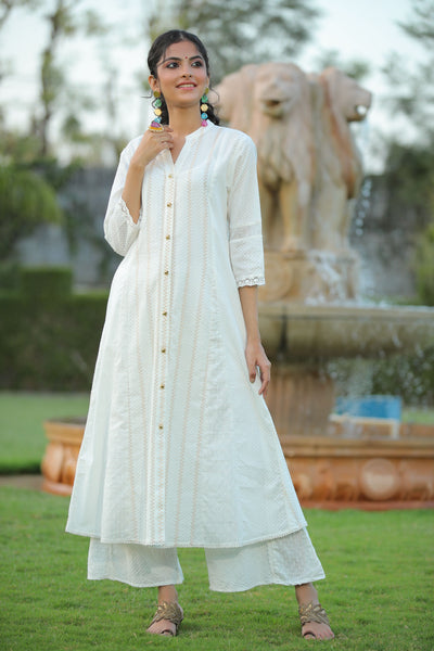 Women's White Cotton Dobby Printed A-Line Kurta With Mask