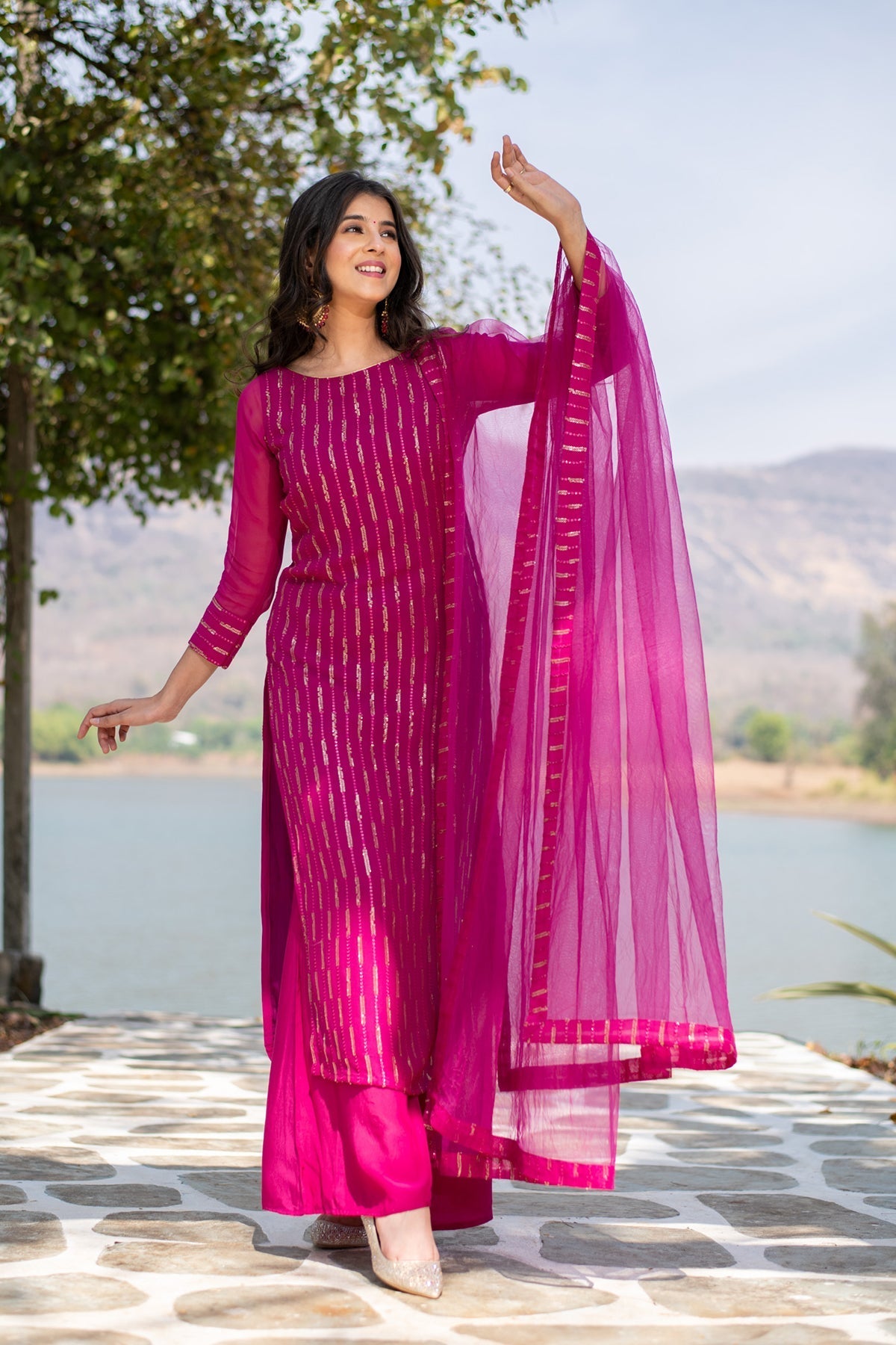 Women's Rani Pink Heavy Kurta With Pallazo