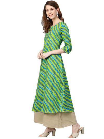 Women's Green Printed 3/4 Sleeve Cotton Round Neck Casual Kurta Only