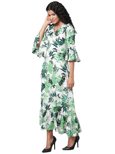 Women's Green Printed 3/4 Sleeve Polyester V Neck Casual Kurta Only