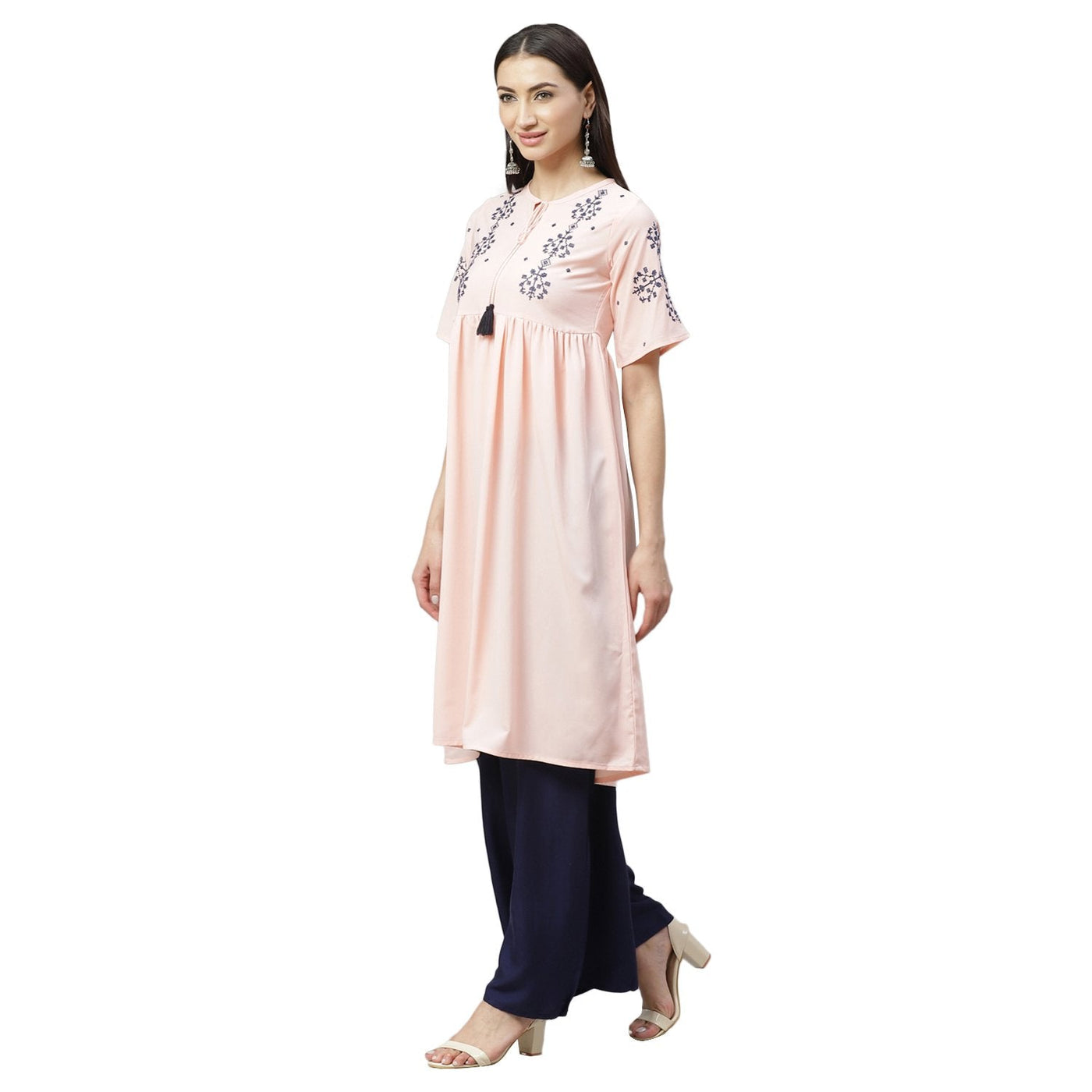 Women's Pink Ravera Crepe 100% Polyester Printed Half Sleeve Round Neck Casual Kurta Only