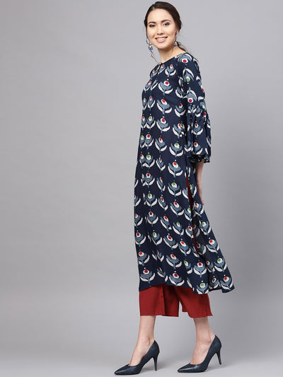 Women's Dark Blue Rayon Printed Balloon Sleeve Round Neck Casual Kurta Only