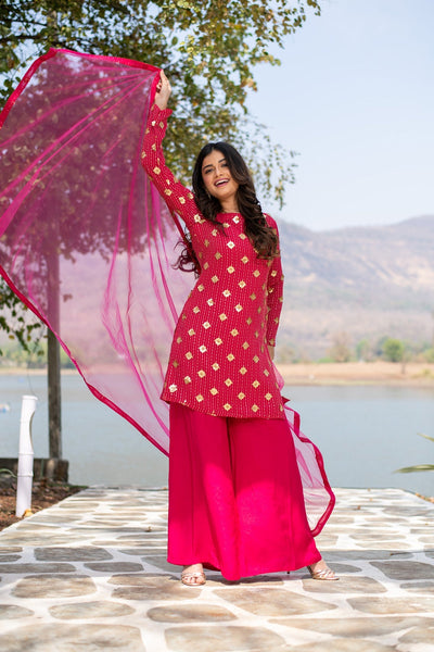 Women's Hot Pink Sequin Kurta Palazzo Set