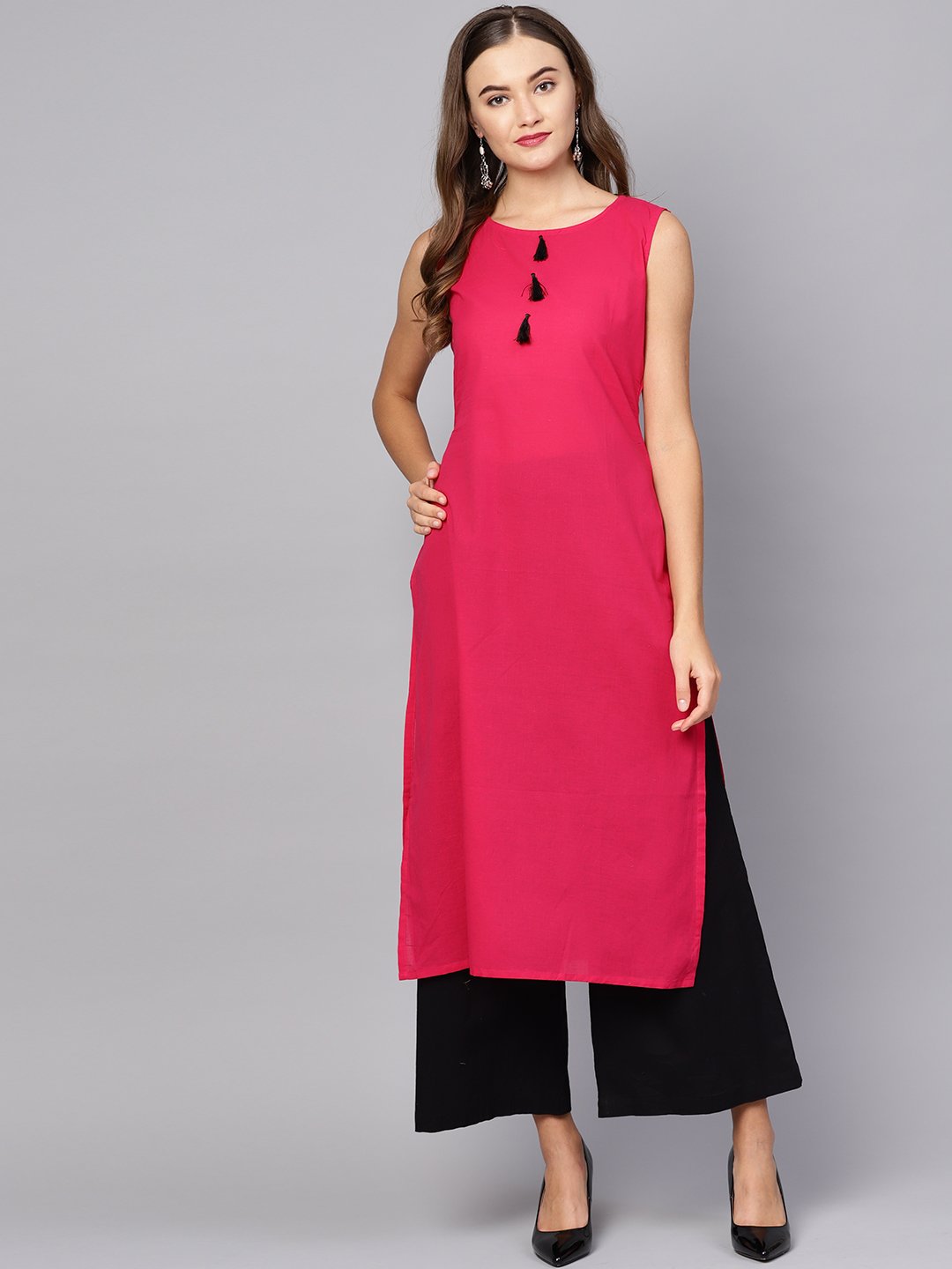 Women's Red Cotton Printed 3/4 Sleeve Round Neck Casual Kurta Only