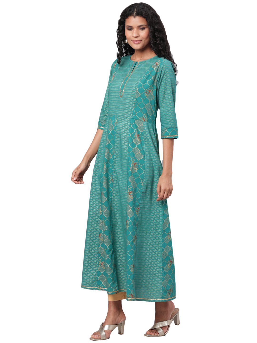 Women's Green Printed 3/4 Sleeve Cotton Round Neck Casual Anarkali Kurta Only