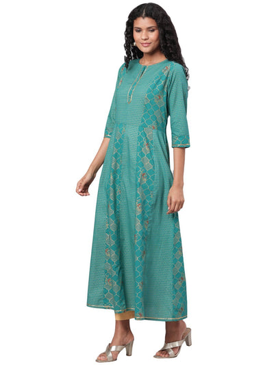 Women's Green Printed 3/4 Sleeve Cotton Round Neck Casual Anarkali Kurta Only