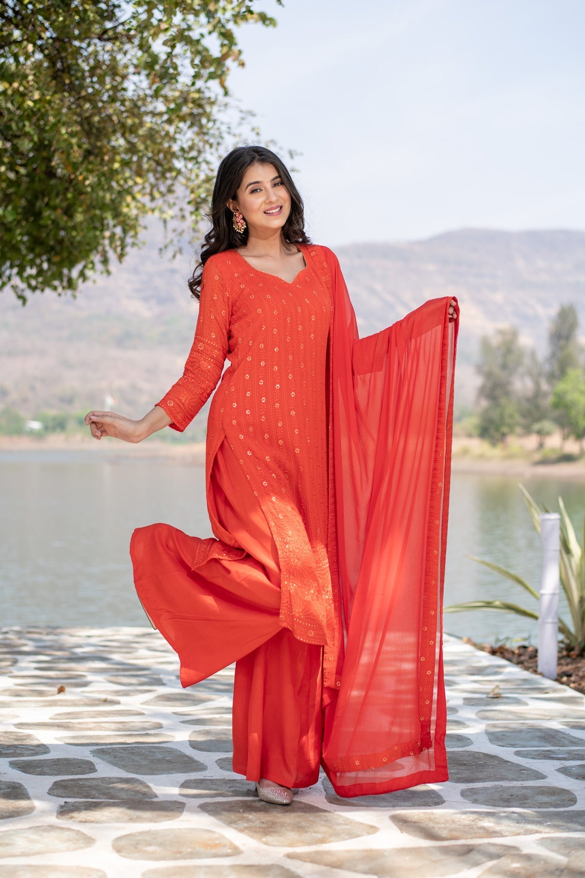 Women's Burnt Orange Heavy Thread Work Long Kurta Set