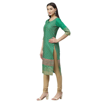Women's Green Cotton Printed 3/4 Sleeve Round Neck Casual Kurta Only
