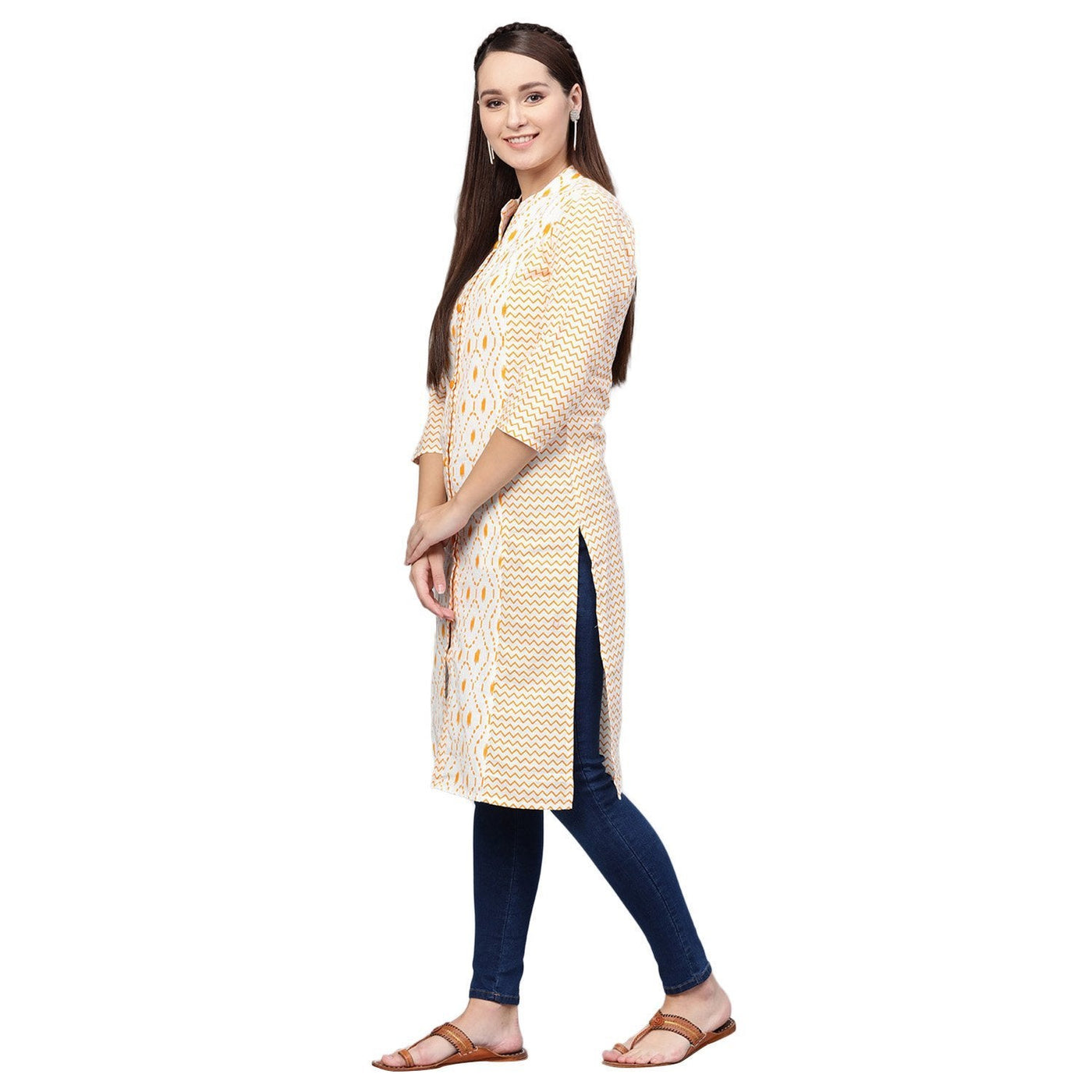 Women's White Cotton Printed 3/4 Sleeve Round Neck Casual Kurta Only