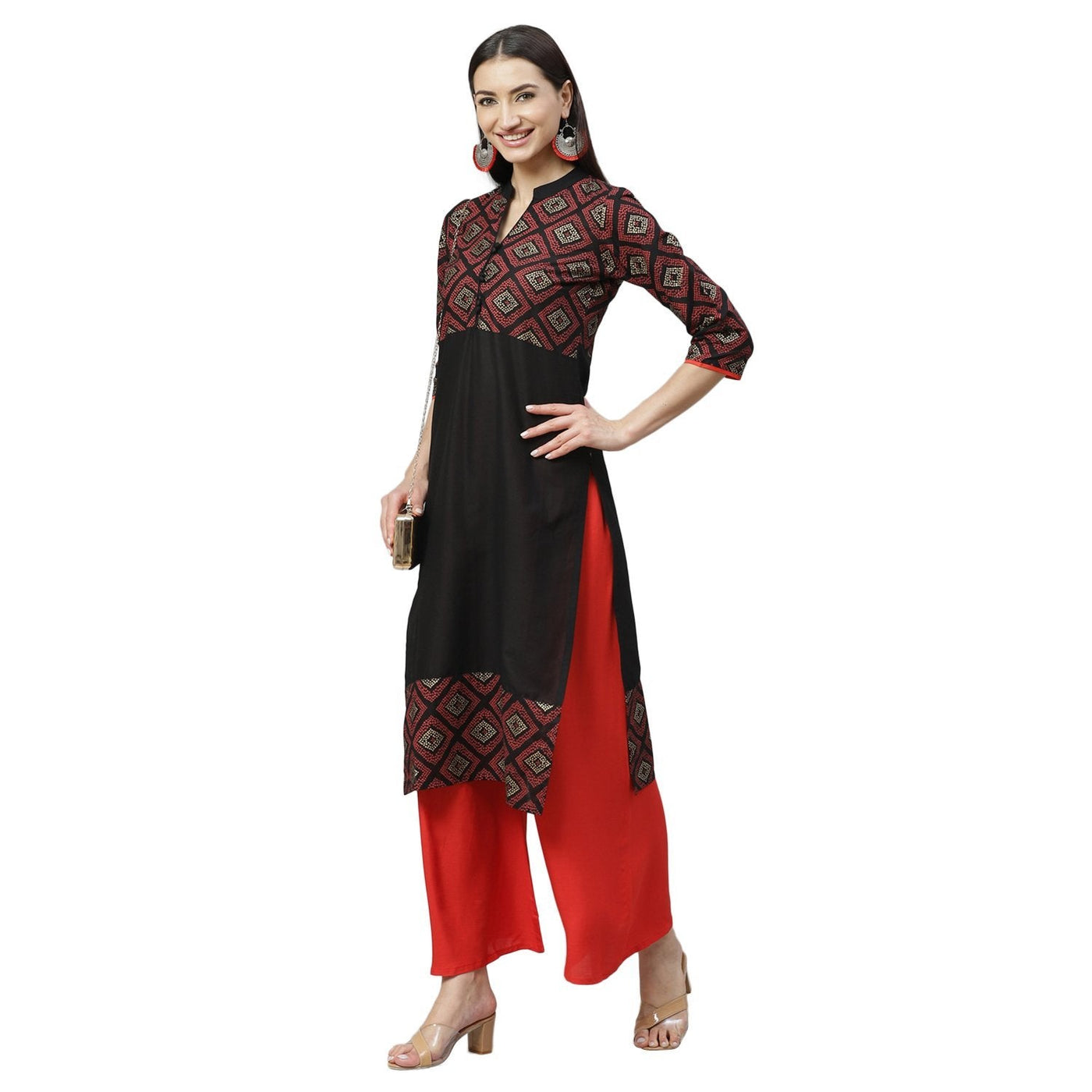 Women's Multicolor Cotton Printed 3/4 Sleeve Mandrin Neck Casual Kurta Only