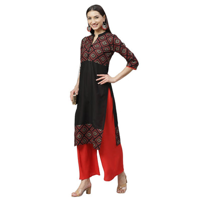 Women's Multicolor Cotton Printed 3/4 Sleeve Mandrin Neck Casual Kurta Only