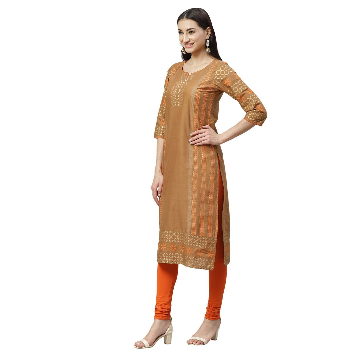 Women's Beige Cotton Printed 3/4 Sleeve Round Neck Casual Kurta Only