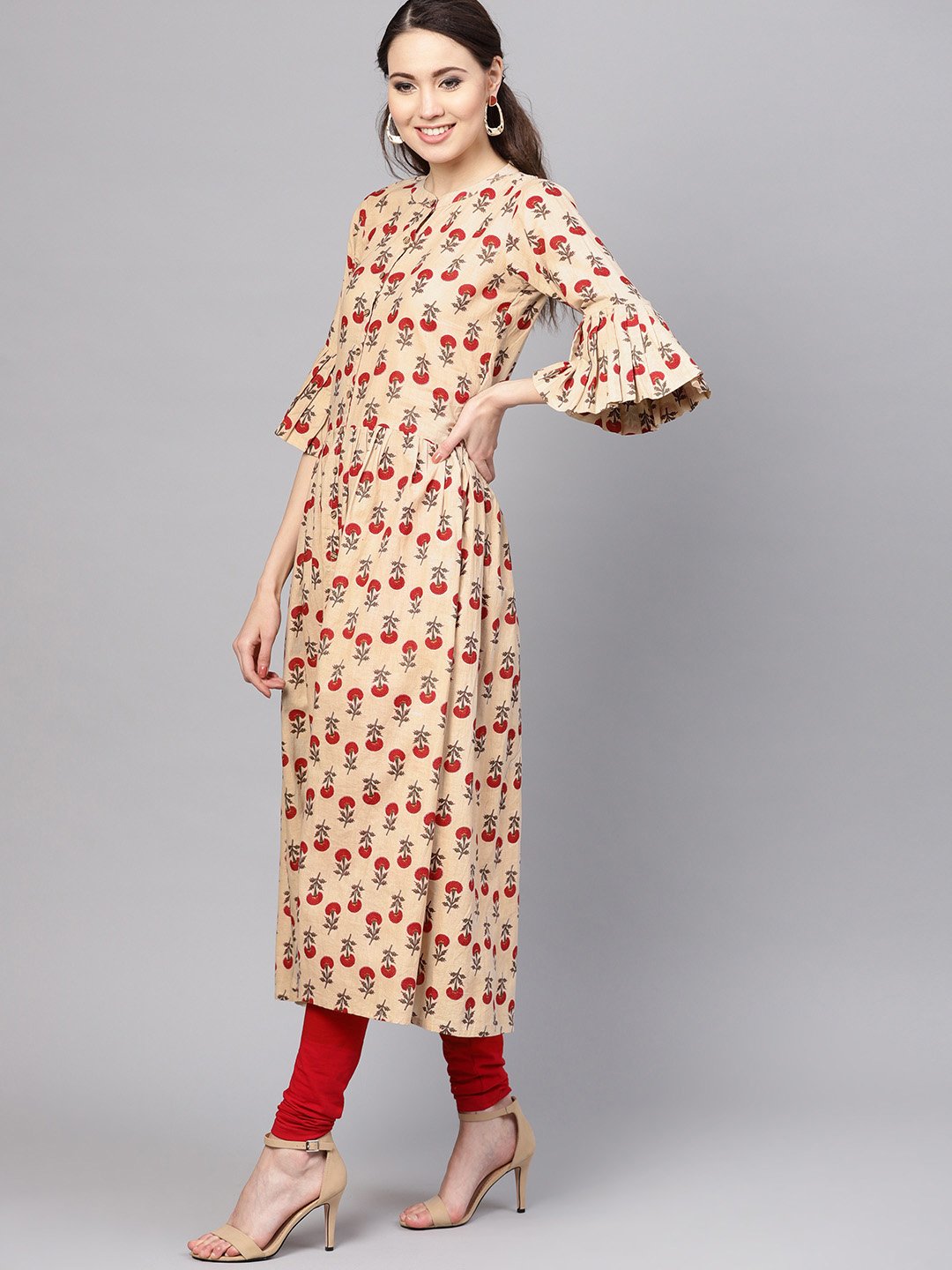 Women's Pink Cotton Printed Bell Sleeves Round Neck Casual Kurta Only