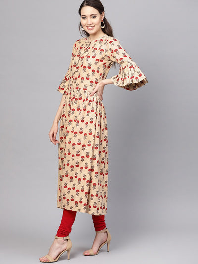 Women's Pink Cotton Printed Bell Sleeves Round Neck Casual Kurta Only
