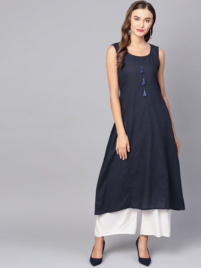 Women's Blue Cotton Printed Full Sleeve Round Neck Casual Kurta Only