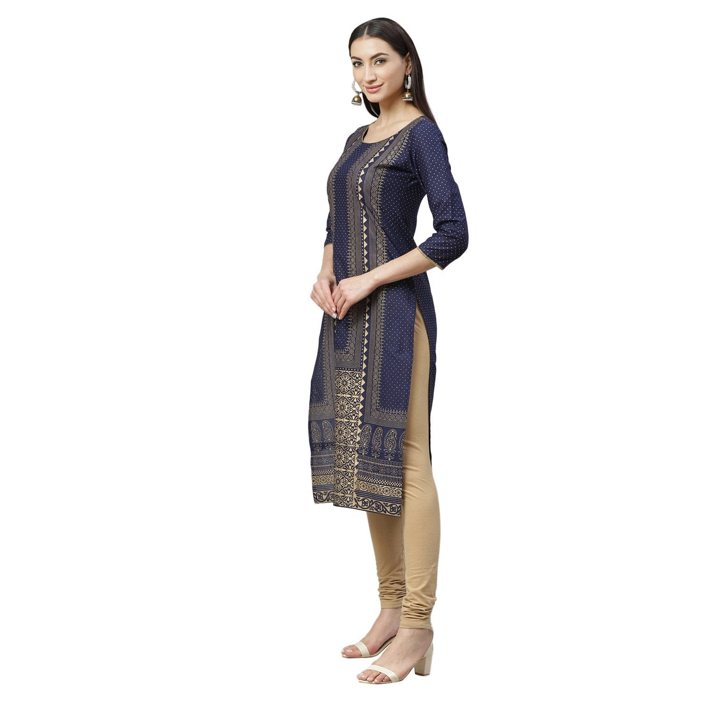 Women's Navy Blue Cotton Printed 3/4 Sleeve Round Neck Casual Kurta Only