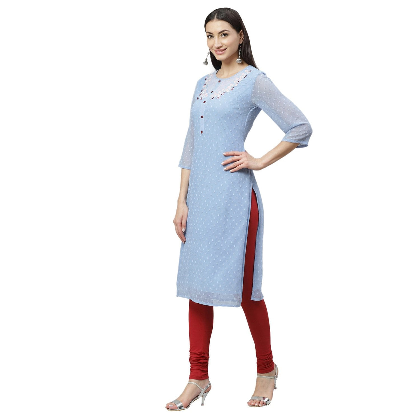 Women's Blue Dobby Chiffon Printed 3/4 Sleeve Round Neck Casual Kurta Only