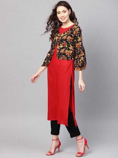Women's Red Rayon Printed 3/4 Sleeve Round Neck Casual Kurta Only
