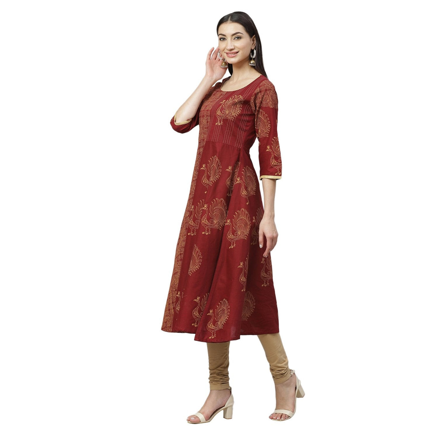 Women's Maroon Cotton Printed 3/4 Sleeve Round Neck Casual Anarkali Kurta Only