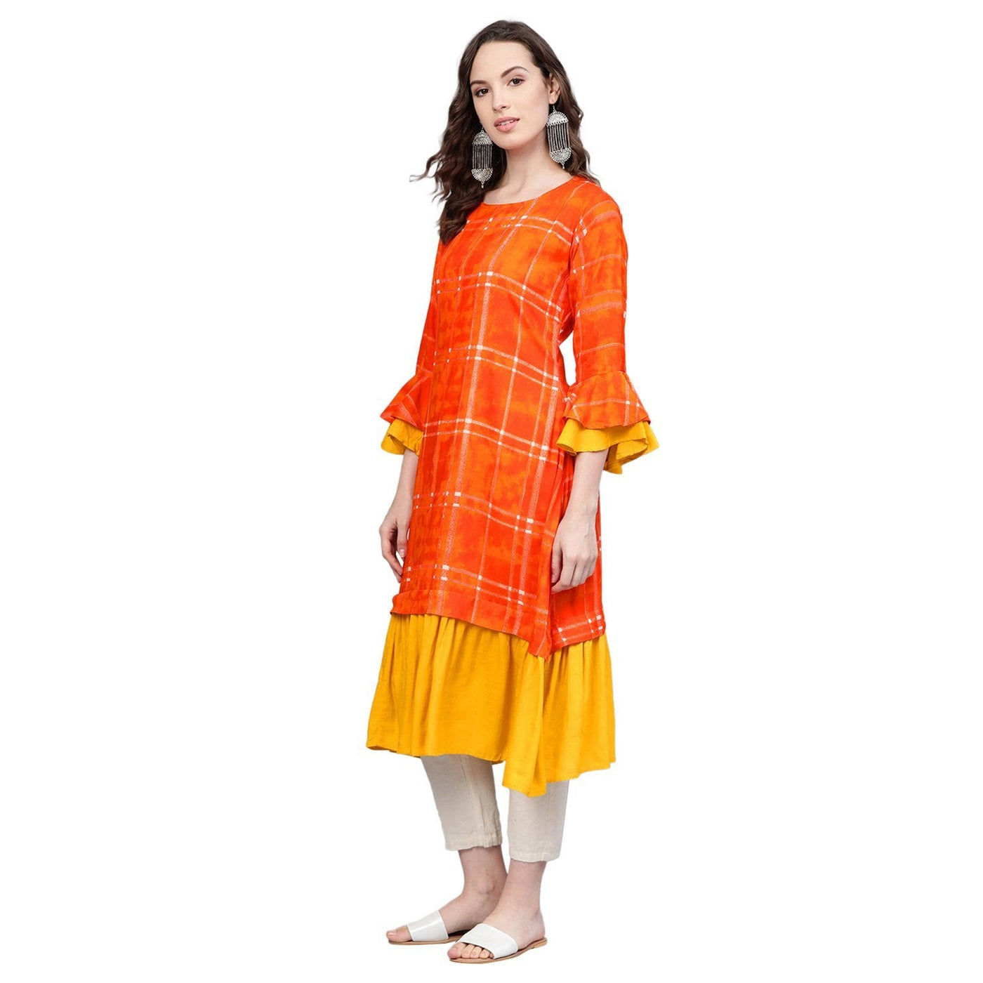 Women's Orange Rayon Printed 3/4 Sleeve Round Neck Casual Kurta Only
