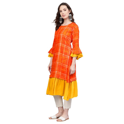 Women's Orange Rayon Printed 3/4 Sleeve Round Neck Casual Kurta Only