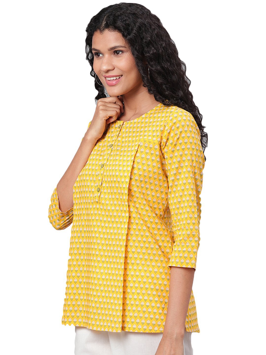 Women Yellow Cotton Printed Short Kurti by Myshka