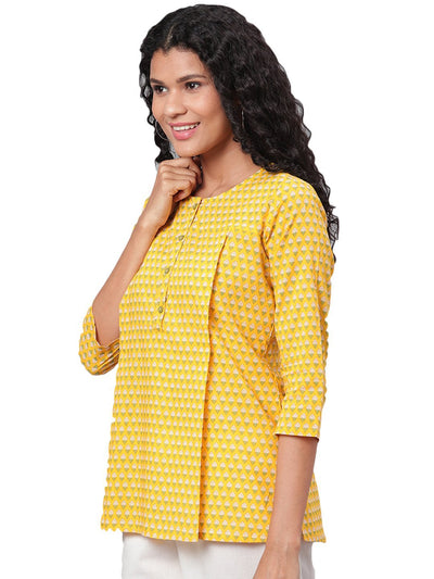Women Yellow Cotton Printed Short Kurti by Myshka