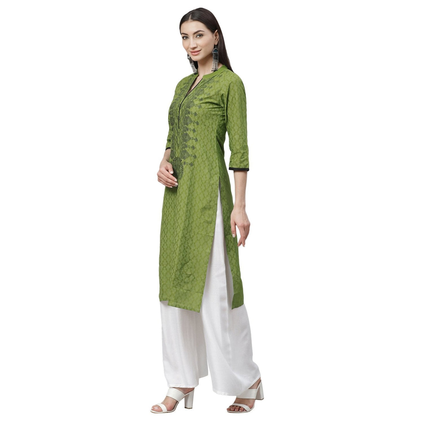 Women's Green Cotton Printed 3/4 Sleeve Mandrin Neck Casual Kurta Only