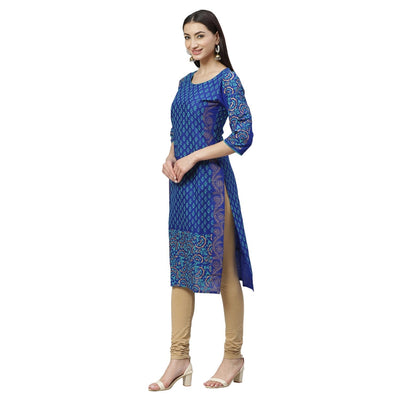 Women's Blue Cotton Printed 3/4 Sleeve Round Neck Casual Kurta Only
