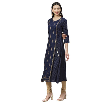 Women's Navy Blue Rayon Gold Print Printed 3/4 Sleeve Round Neck Casual Kurta Only