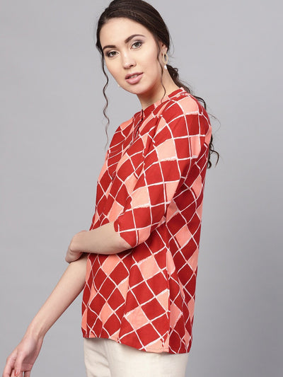 Women's Maroon Printed 3/4 Sleeve Coller Neck Rayon Casual Top