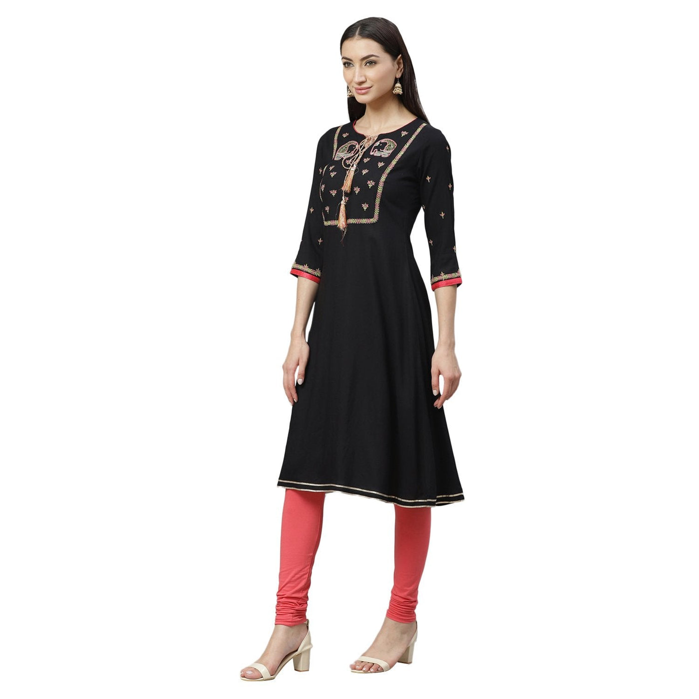 Women's Black Rayon Printed 3/4 Sleeve Round Neck Casual Kurta Only