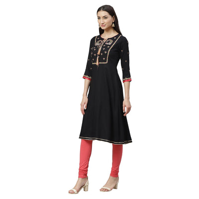 Women's Black Rayon Printed 3/4 Sleeve Round Neck Casual Kurta Only