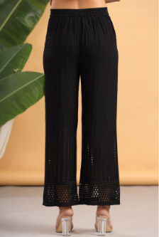 Women's Black Rayon Schiffli Flared Palazzo