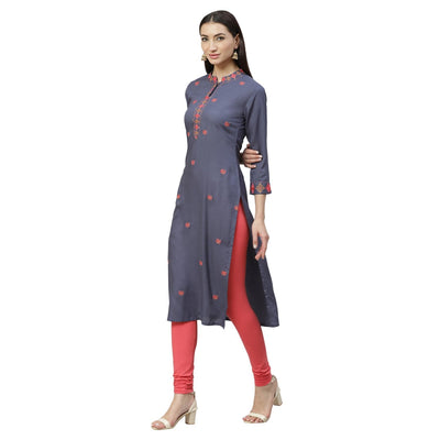 Women's Grey Rayon Printed 3/4 Sleeve Collar Casual Kurta Only