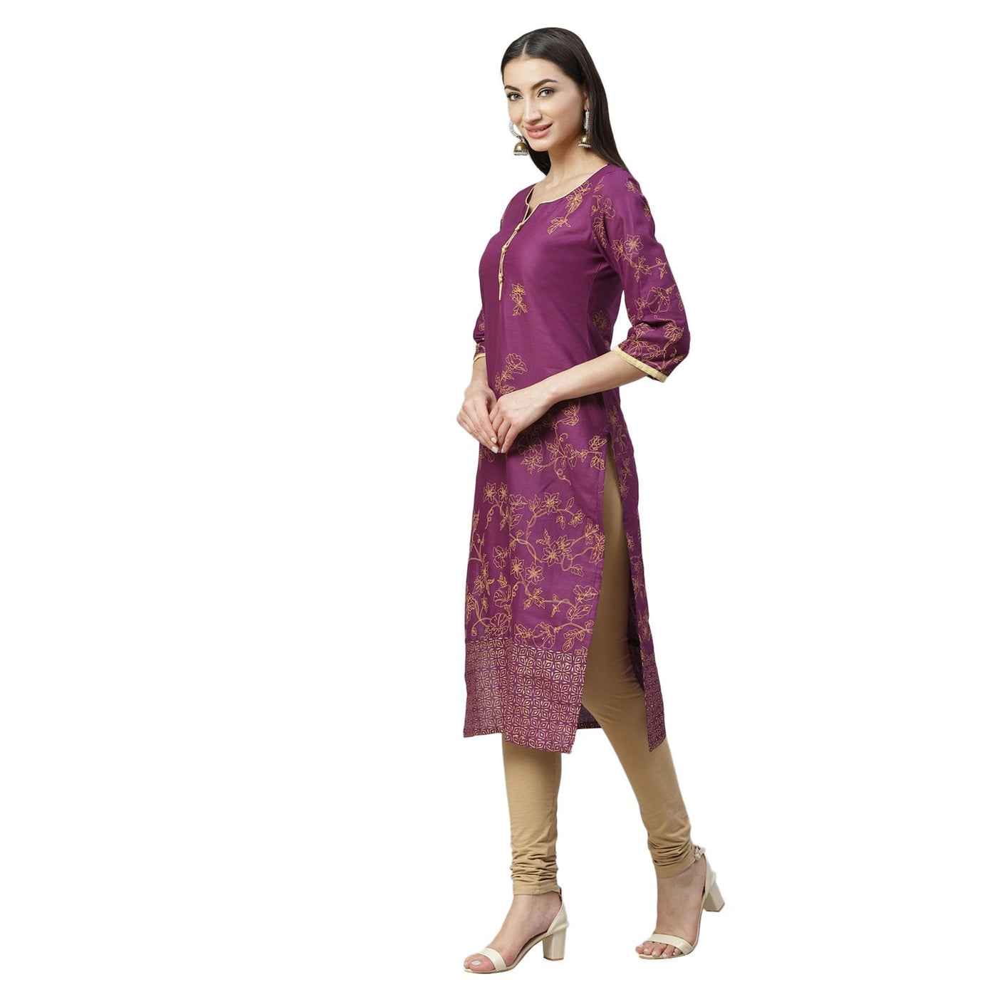 Women's Purple Cotton Printed 3/4 Sleeve Round Neck Casual Kurta Only