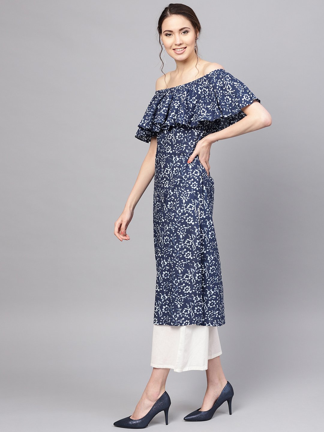 Women's Blue Cotton Printed Cold Shoulder Sleeves Off Shoulder Neck Casual Kurta Only