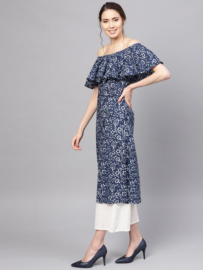 Women's Blue Cotton Printed Cold Shoulder Sleeves Off Shoulder Neck Casual Kurta Only