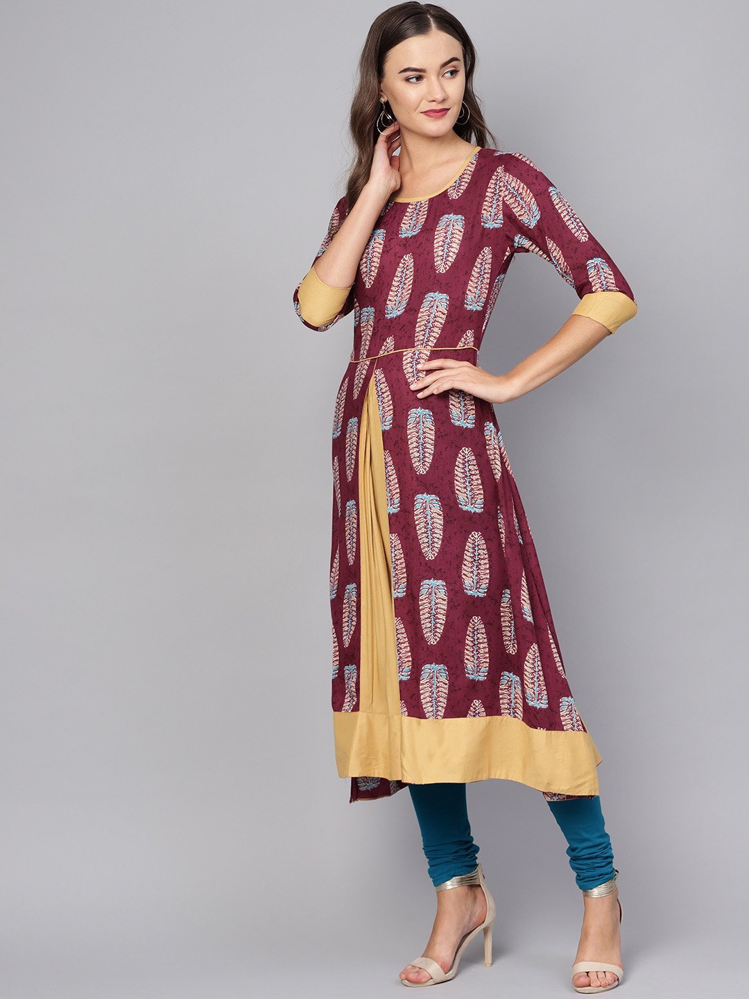 Women's Purple Rayon Printed 3/4 Sleeve Round Neck Casual Kurta Only