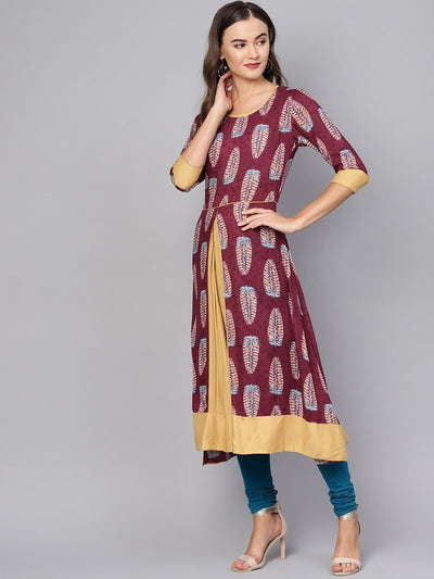 Women's Purple Rayon Printed 3/4 Sleeve Round Neck Casual Kurta Only