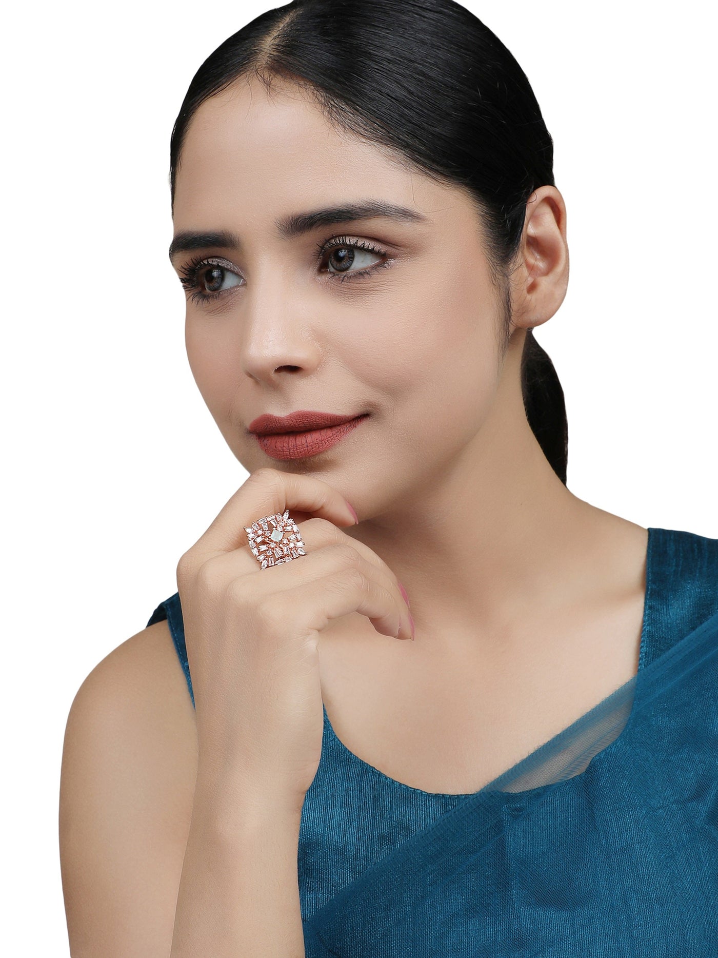 Women's Stylish American Diamond Studded Rose Gold Square Shaped Adjustable Ring