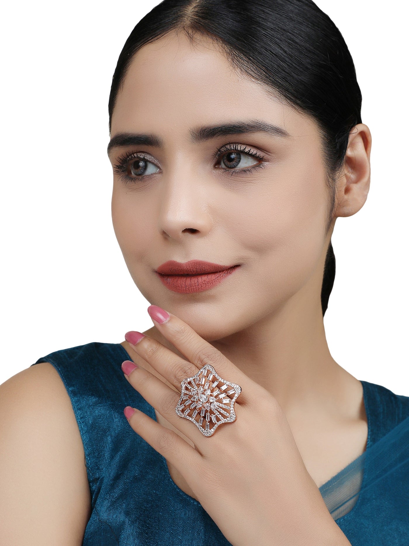 Women's Rose Gold-Plated Ad-Studded Adjustable Finger Ring