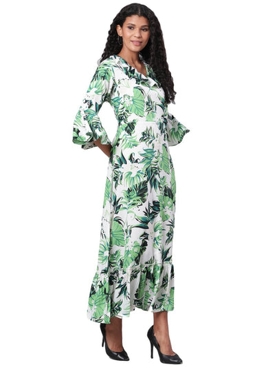 Women's Green Printed 3/4 Sleeve Polyester V Neck Casual Kurta Only