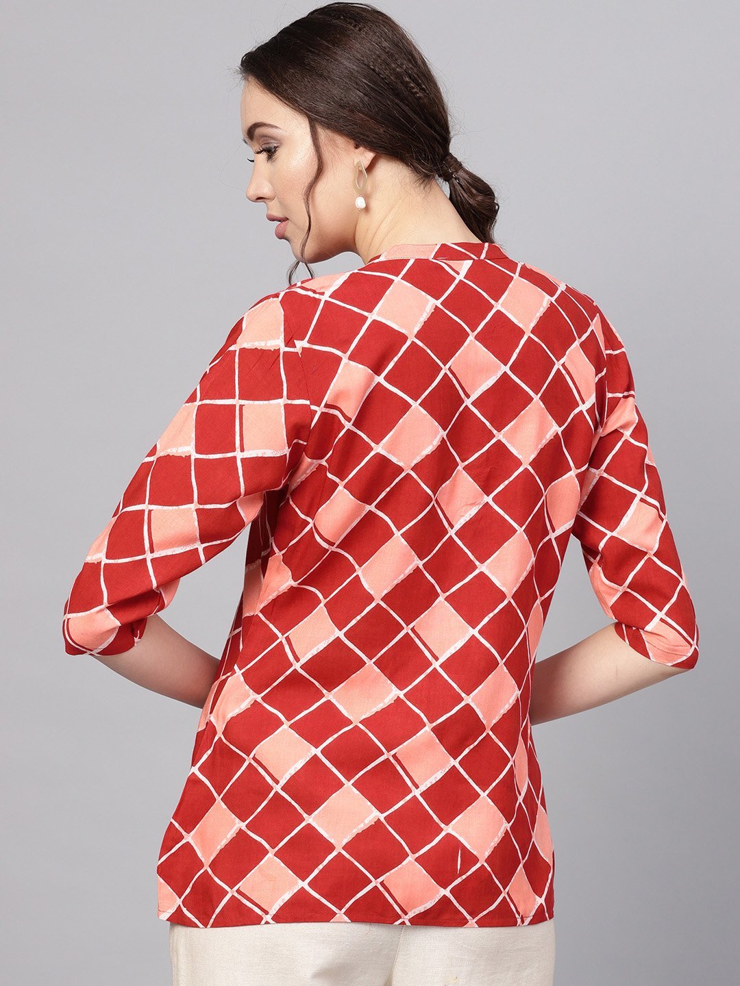 Women's Maroon Printed 3/4 Sleeve Coller Neck Rayon Casual Top