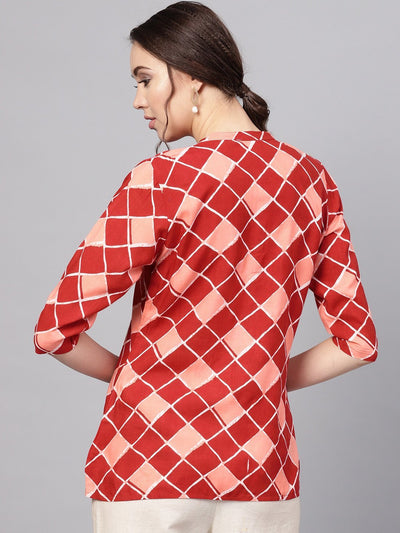 Women's Maroon Printed 3/4 Sleeve Coller Neck Rayon Casual Top