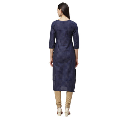 Women's Navy Blue Cotton Printed 3/4 Sleeve Round Neck Casual Kurta Only