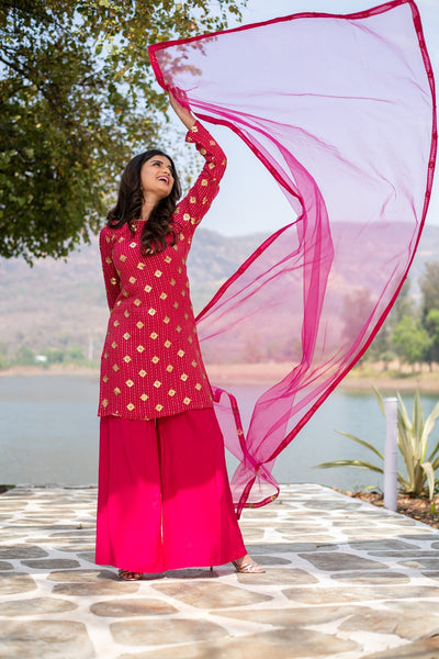 Women's Hot Pink Sequin Kurta Palazzo Set