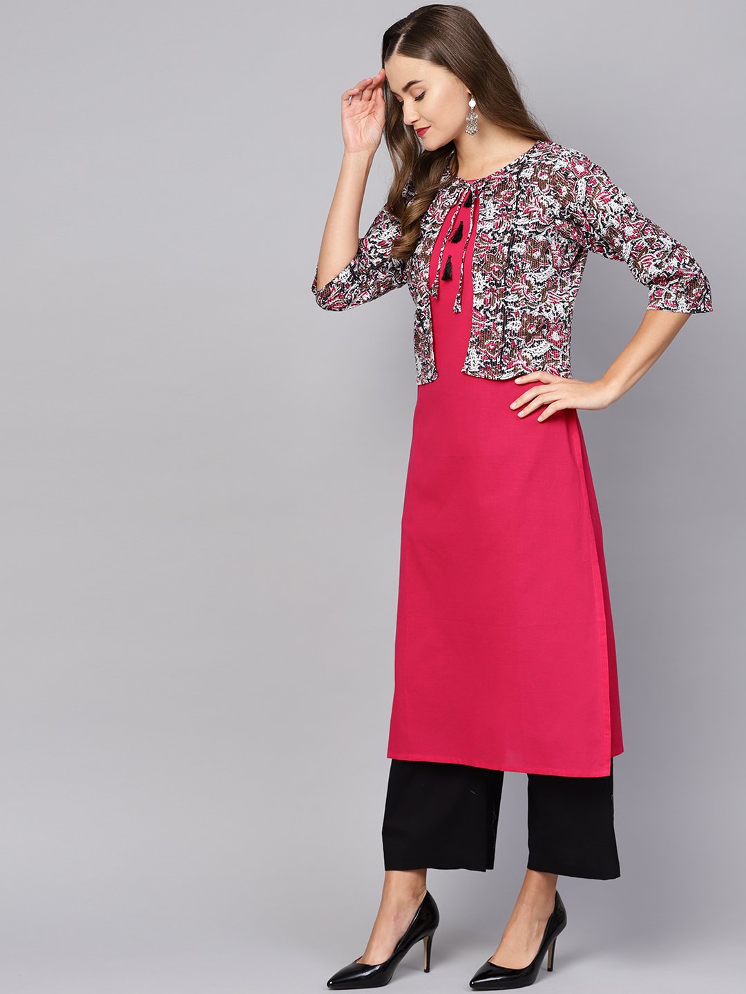 Women's Red Cotton Printed 3/4 Sleeve Round Neck Casual Kurta Only