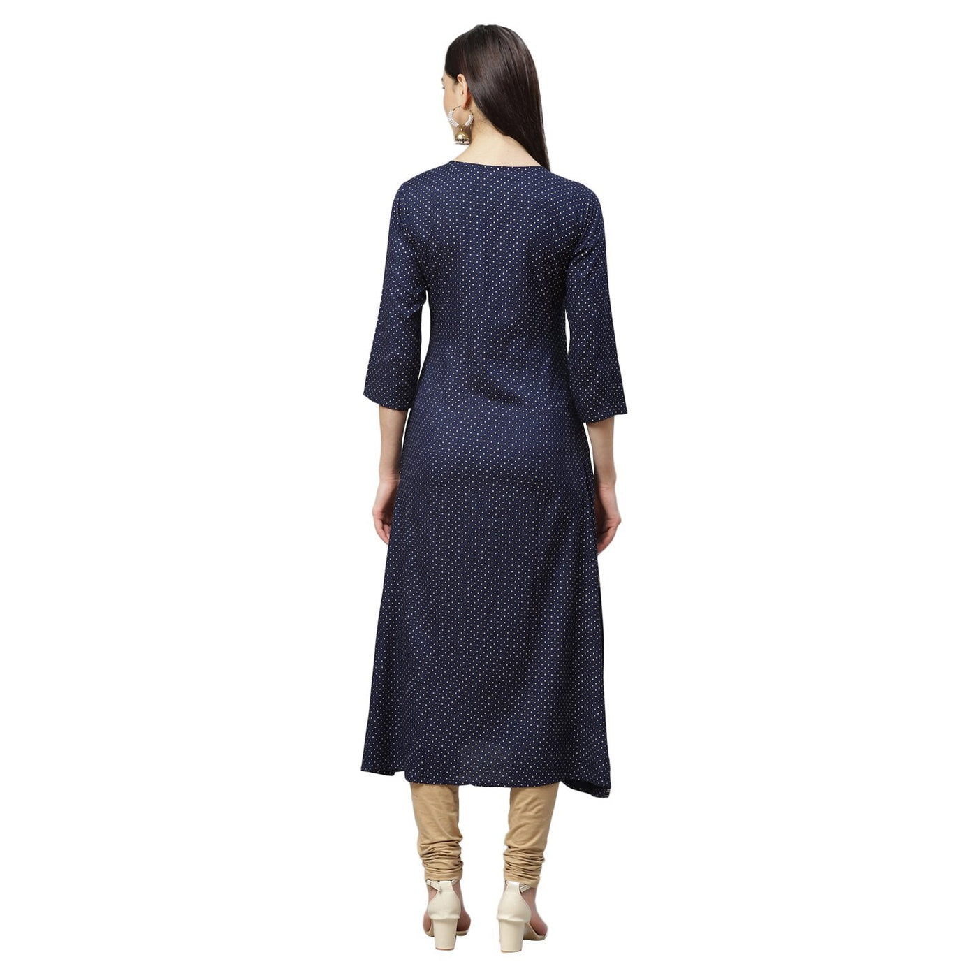 Women's Navy Blue Rayon Gold Print Printed 3/4 Sleeve Round Neck Casual Kurta Only